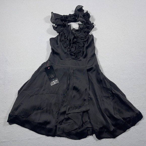 bebe Dresses & Skirts - Bebe Rosette Ruffle Halter Dress Women Small Fit Flare Black Jean And Jane NWT